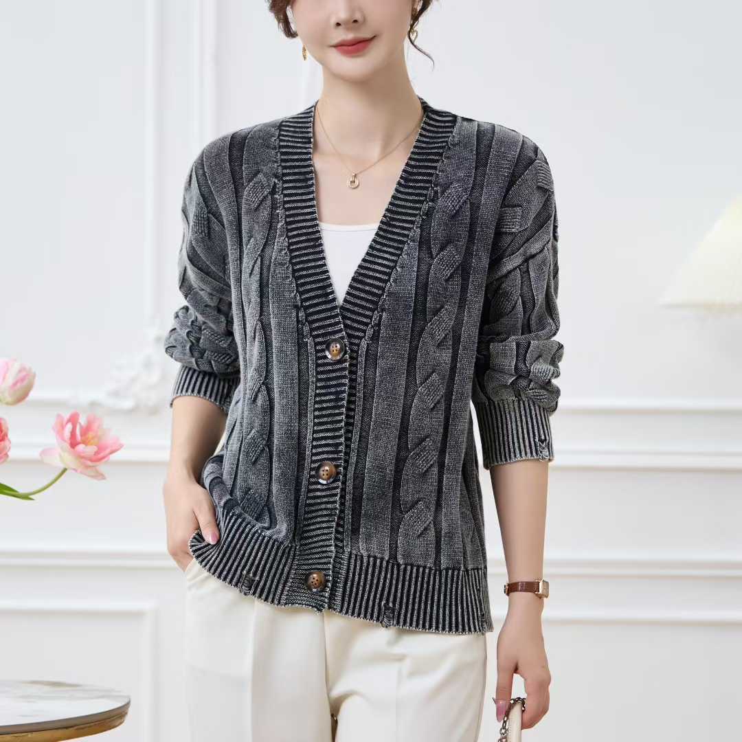 Damen lässiger Strickcardigan mit Zopfmuster und umgeschlagenen Ärmeln Drune