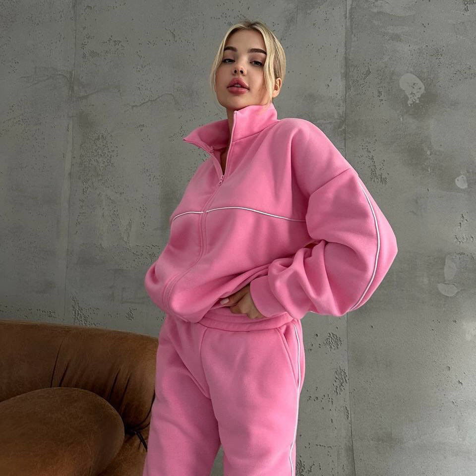 Damen gemütlicher Fleece-Sweatanzug mit hohem Kragen und Reißverschluss Drune
