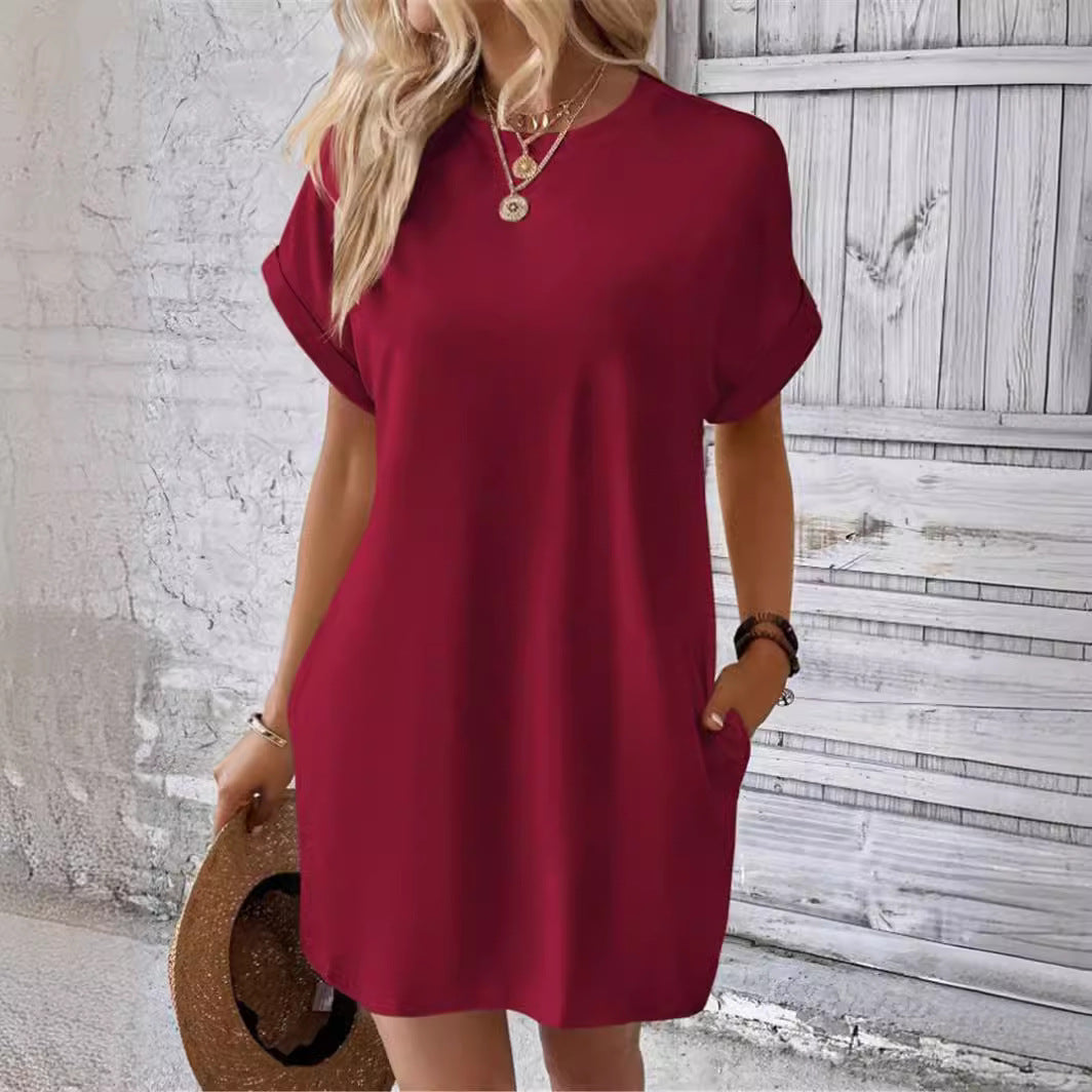 Damen lässiges T-Shirt-Kleid mit umschlagbaren Ärmeln und Taschen Drune