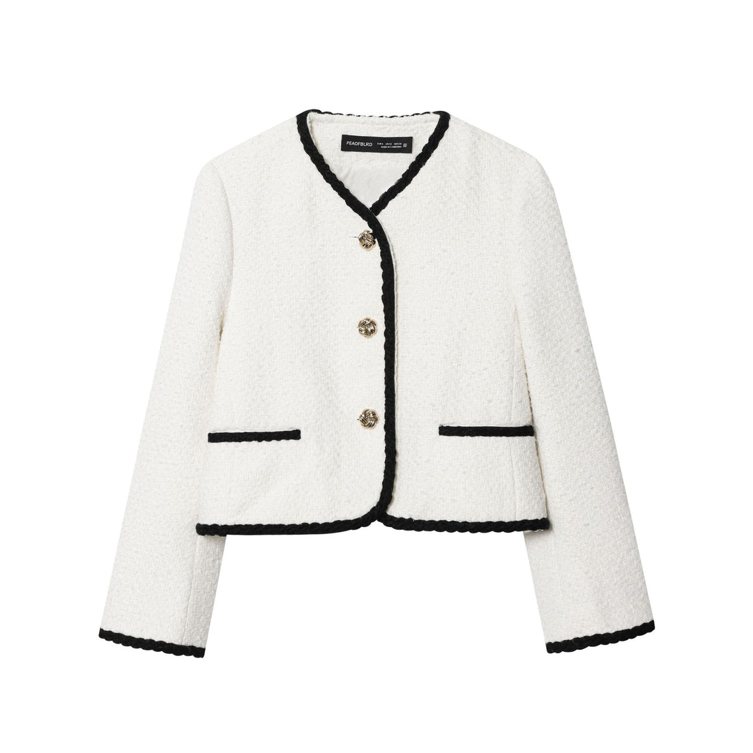 Damen nan kurz geschnittene Bouclé-Jacke mit geflochtenem Rand und goldenen Zierknöpfen Drune