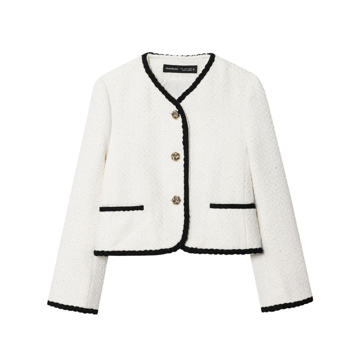 Damen nan kurz geschnittene Bouclé-Jacke mit geflochtenem Rand und goldenen Zierknöpfen Drune