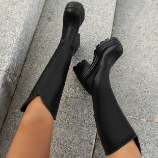 Damen  kniehohe Plateau-Stiefel mit grober Traktorsohle und elastischem Schaft Drune