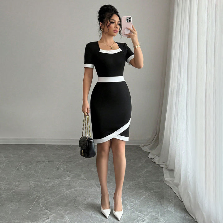 Damen figurbetontes Kleid mit kontrastierenden Bündchen und elegantem Karree-Ausschnitt Drune