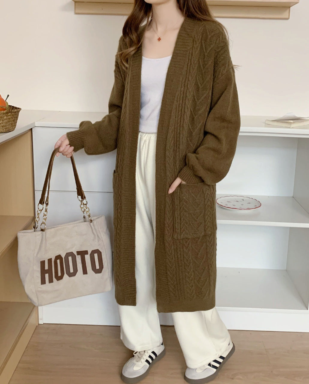 Damen Strickmantel mit Zopfmuster Drune
