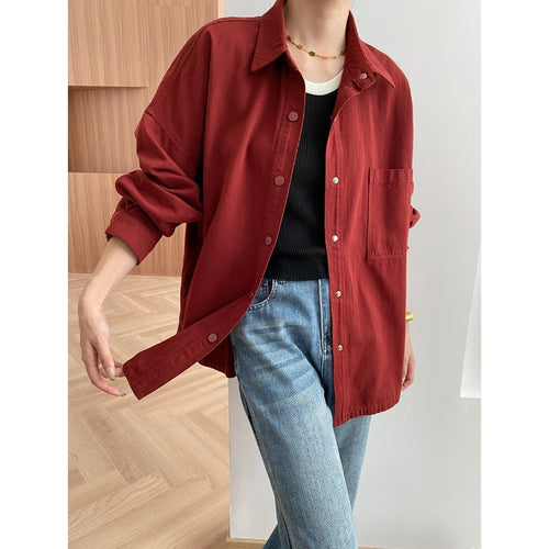 Damen lässige Overshirtjacke mit praktischer Brusttasche und Druckknöpfen Drune