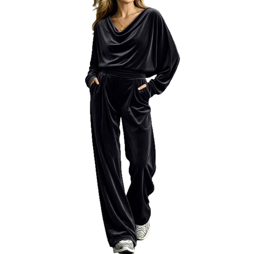 Damen Samt-Loungewear-Set mit Wasserfallkragen, weitem Palazzo-Schnitt und Eingrifftaschen Drune