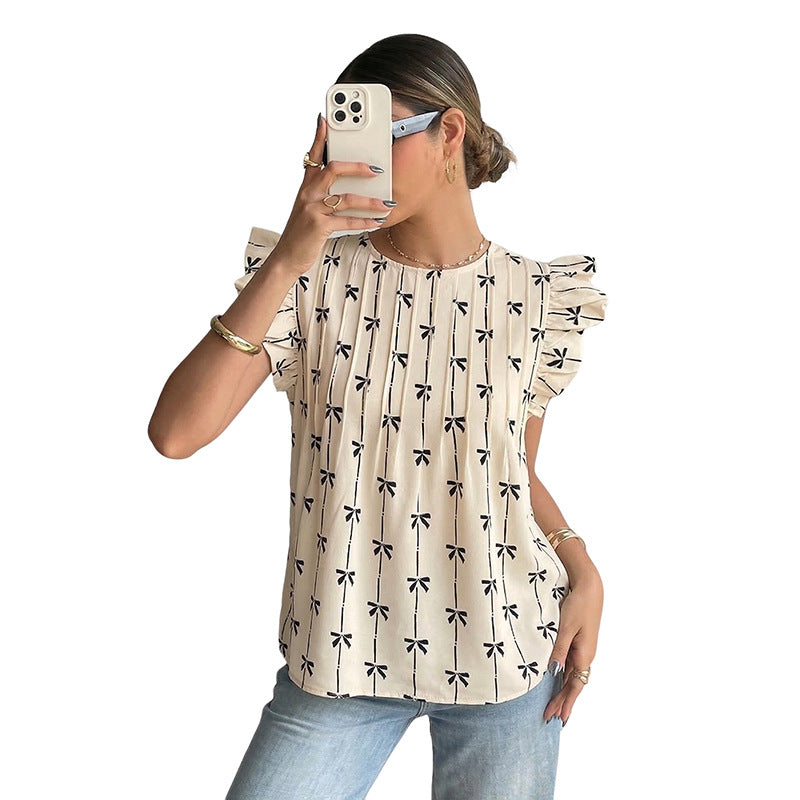 Damen Leichte Baumwollbluse mit Rüschenärmeln, Plissee-Falten und Schleifenprint Drune