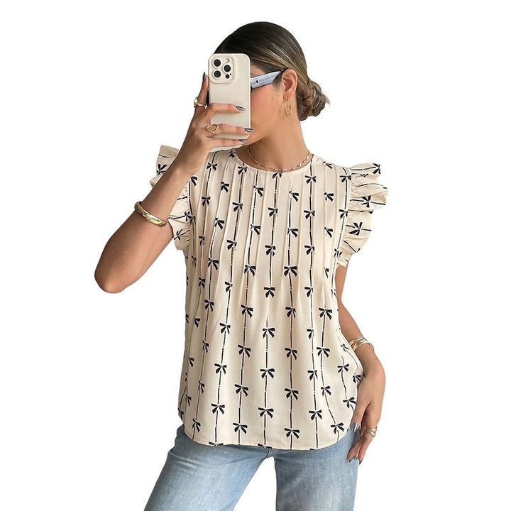 Damen Leichte Baumwollbluse mit Rüschenärmeln, Plissee-Falten und Schleifenprint Drune