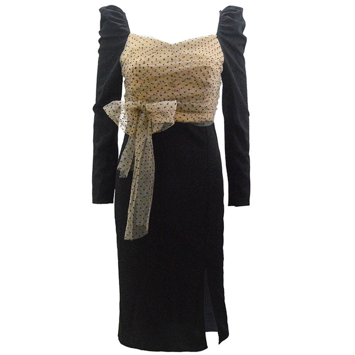 Damen Figurbetontes Midikleid mit Puffärmeln und transparentem Tupfen-Organza-Rückenteil Drune