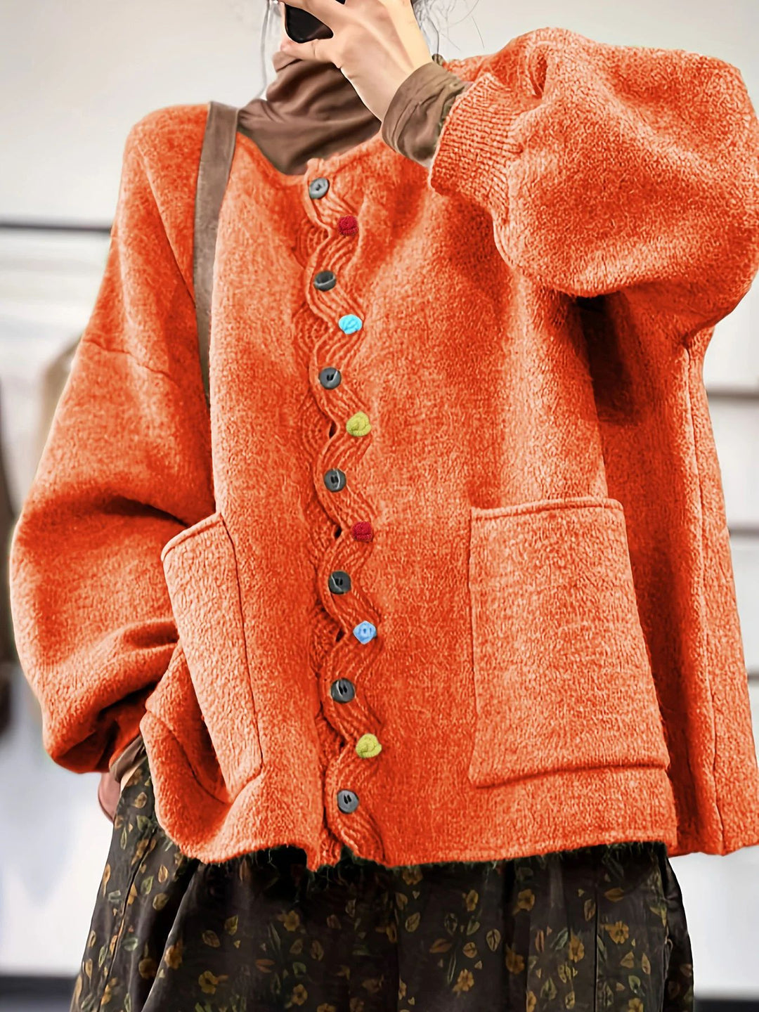 Damen Oversized Strickcardigan mit Zierknopfleiste und aufgesetzten Taschen Drune