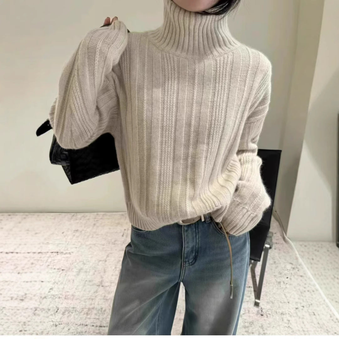 Damen lässiger Rollkragenpullover mit feinem Rippenmuster Drune