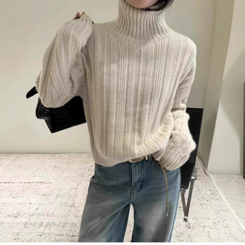 Damen lässiger Rollkragenpullover mit feinem Rippenmuster Drune