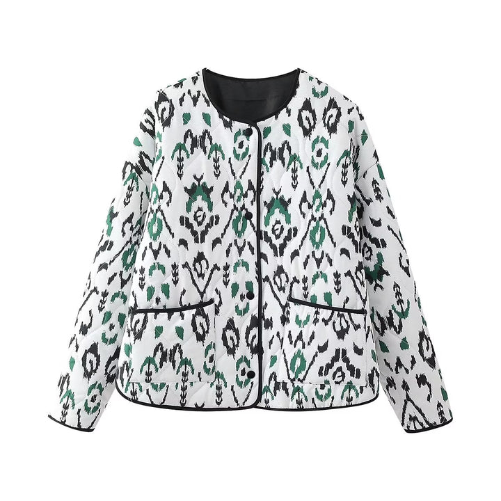 Damen nan gesteppte Ikat-Print Steppjacke mit Rundhalsausschnitt, kontrastpaspel und aufgesetzten Taschen Drune