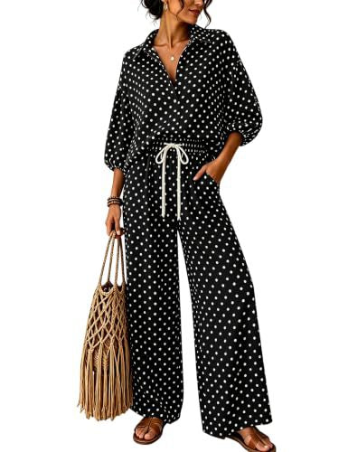 Damen Gepunktetes Zweiteiliges Lounge-Set mit Hemdblusen-Oberteil und Kordelzug-Weitbundhose Drune