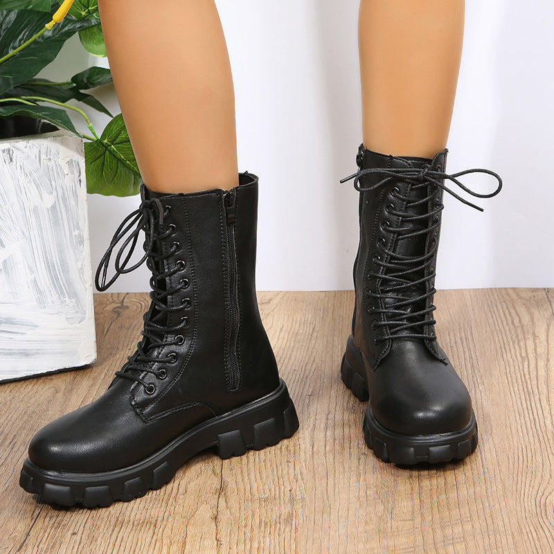 Damen Plateau-Bikerboots mit seitlichem Reißverschluss, Schnürung und markanter Profilsohle Drune