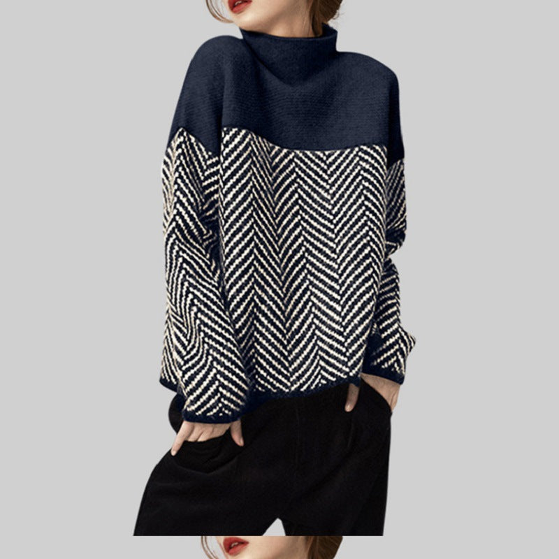 Damen Modischer Pullover mit Zickzack-Muster und hohem Kragen Drune