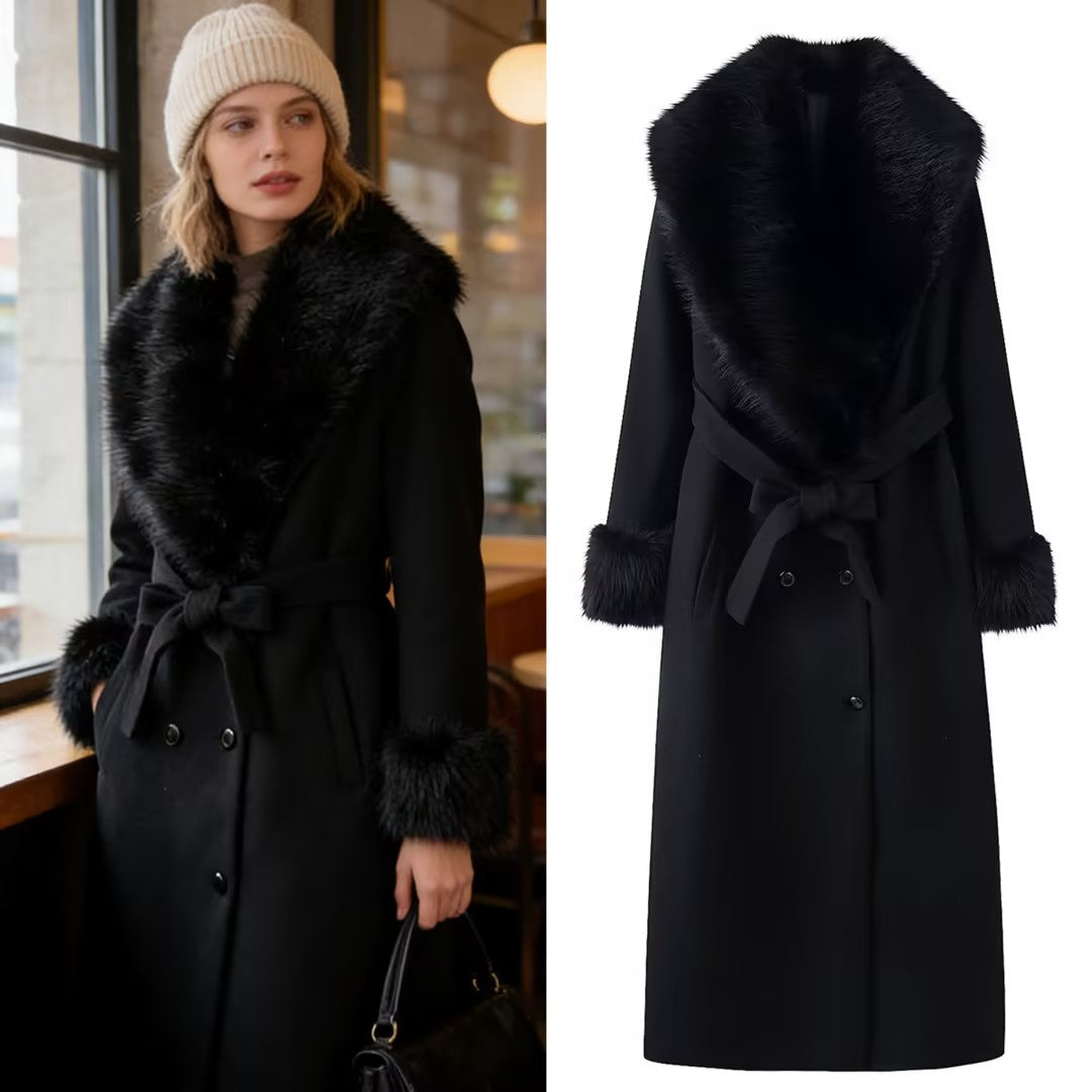 Damen Langer eleganter Wollmix-Mantel mit breitem Kunstfellkragen, Bindegürtel und Fellmanschetten Drune