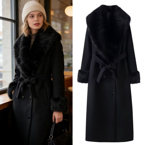 Damen Langer eleganter Wollmix-Mantel mit breitem Kunstfellkragen, Bindegürtel und Fellmanschetten Drune