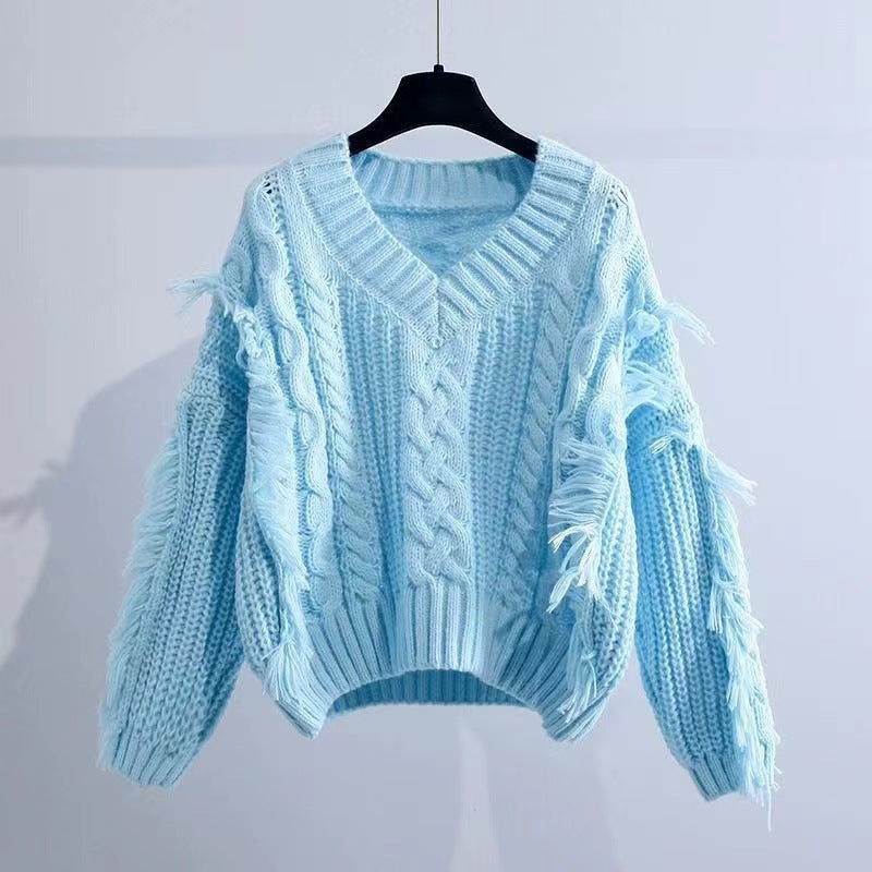 Damen gestrickter Pullover mit auffälligen Fransen und Zopfmuster Drune