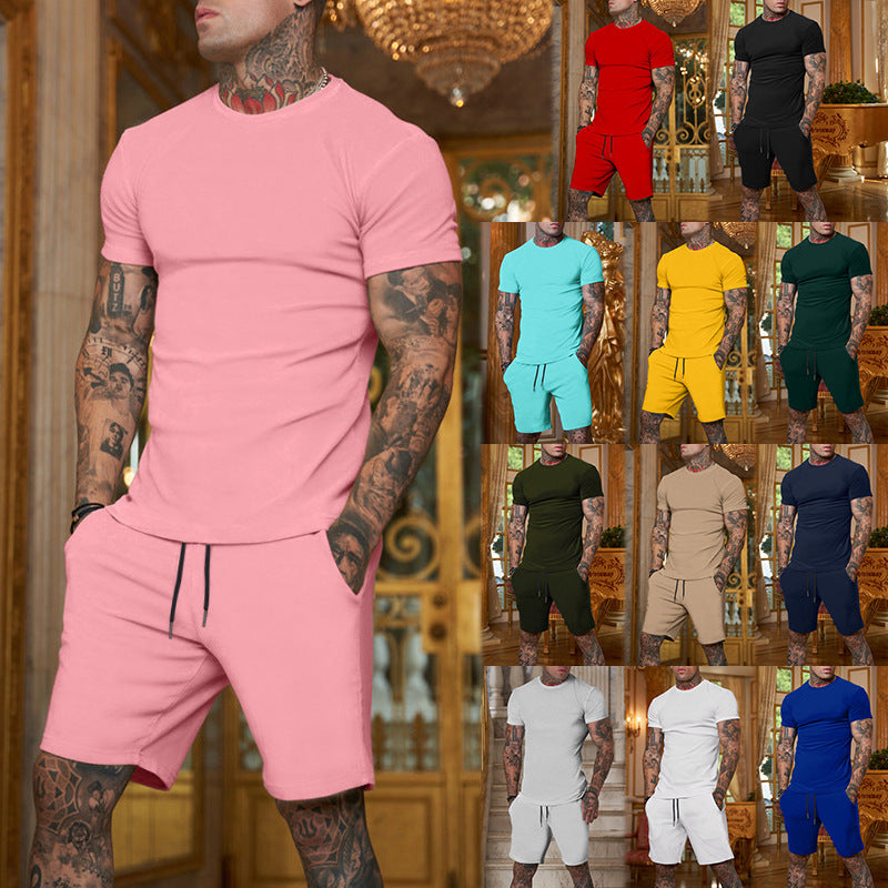 Herren nan schlankes Jersey-Set mit Rundhalsshirt und elastischer Tunnelzug-Shorts Drune