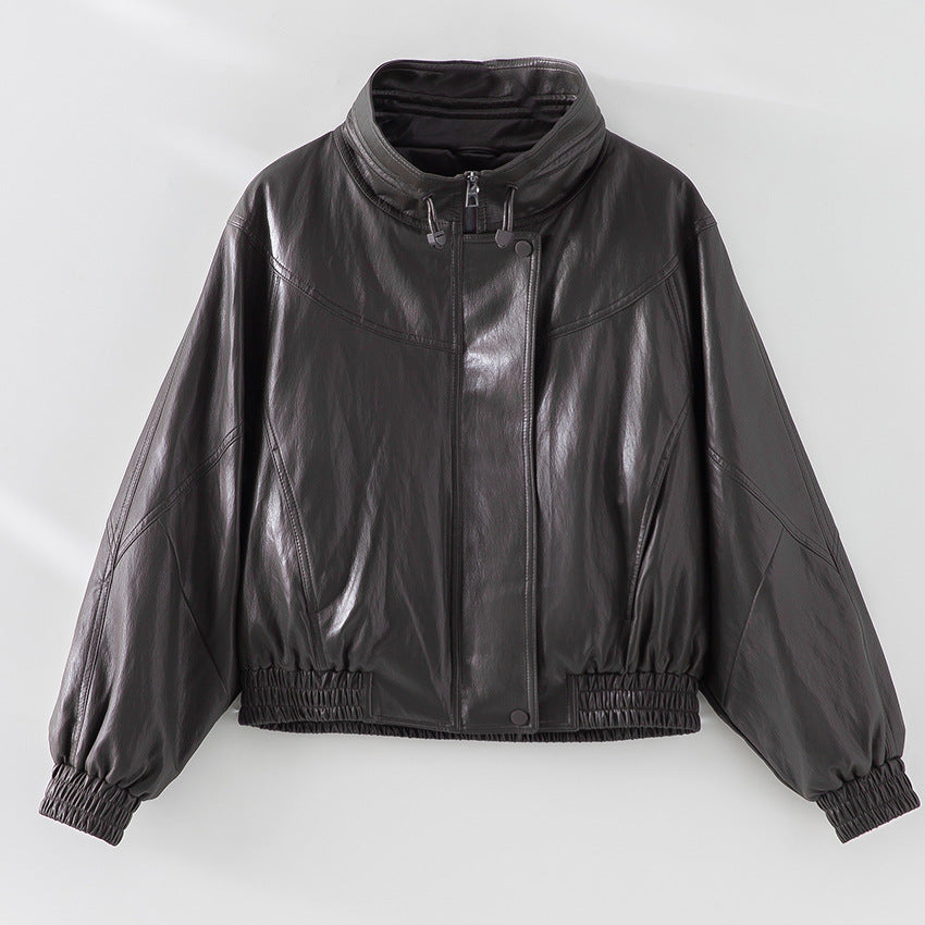 Damen Oversized Lederimitat-Bomberjacke mit Stehkragen und elastischem Saum Drune