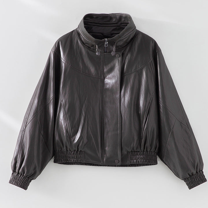 Damen Oversized Lederimitat-Bomberjacke mit Stehkragen und elastischem Saum Drune