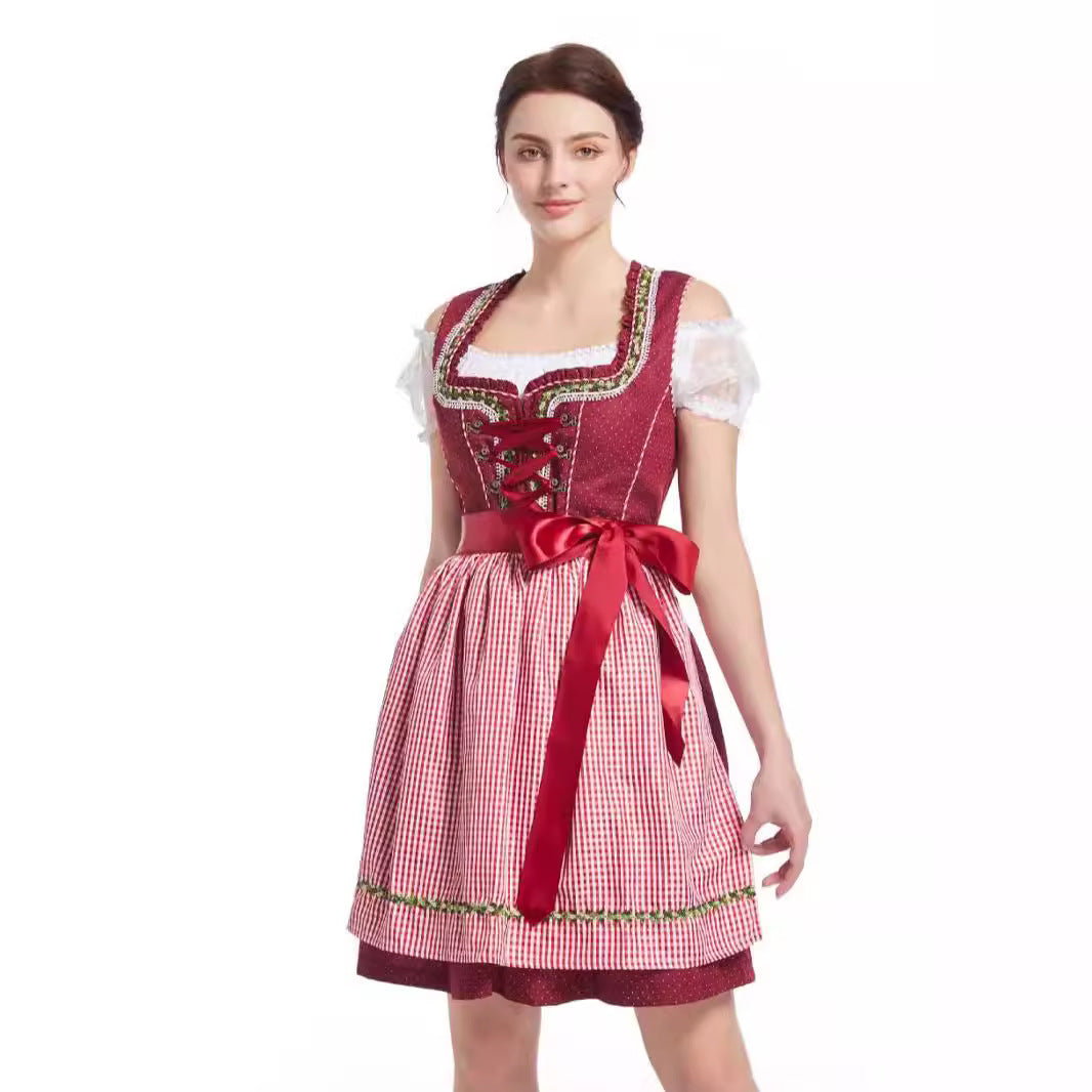 Damen  traditionelles kurz geschnittenes Dirndl mit herzförmigem Ausschnitt, dekorativer Schnürung und Vichy-Karo Schürze Drune
