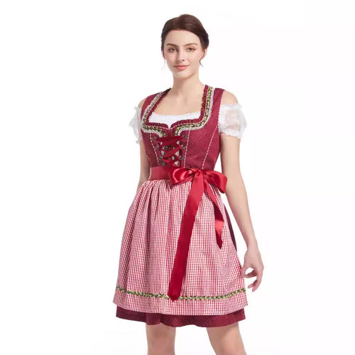 Damen  traditionelles kurz geschnittenes Dirndl mit herzförmigem Ausschnitt, dekorativer Schnürung und Vichy-Karo Schürze Drune