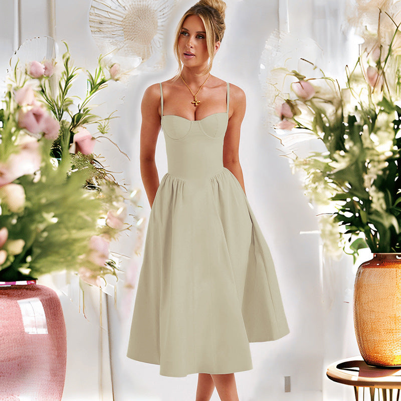 Damen Elegantes Midi-Kleid mit Spaghetti-Trägern und tailliertem Schnitt Drune