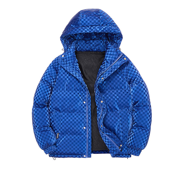 Herren Hochglänzende gesteppte Thermojacke mit Kapuze & Karo‑Struktur Drune