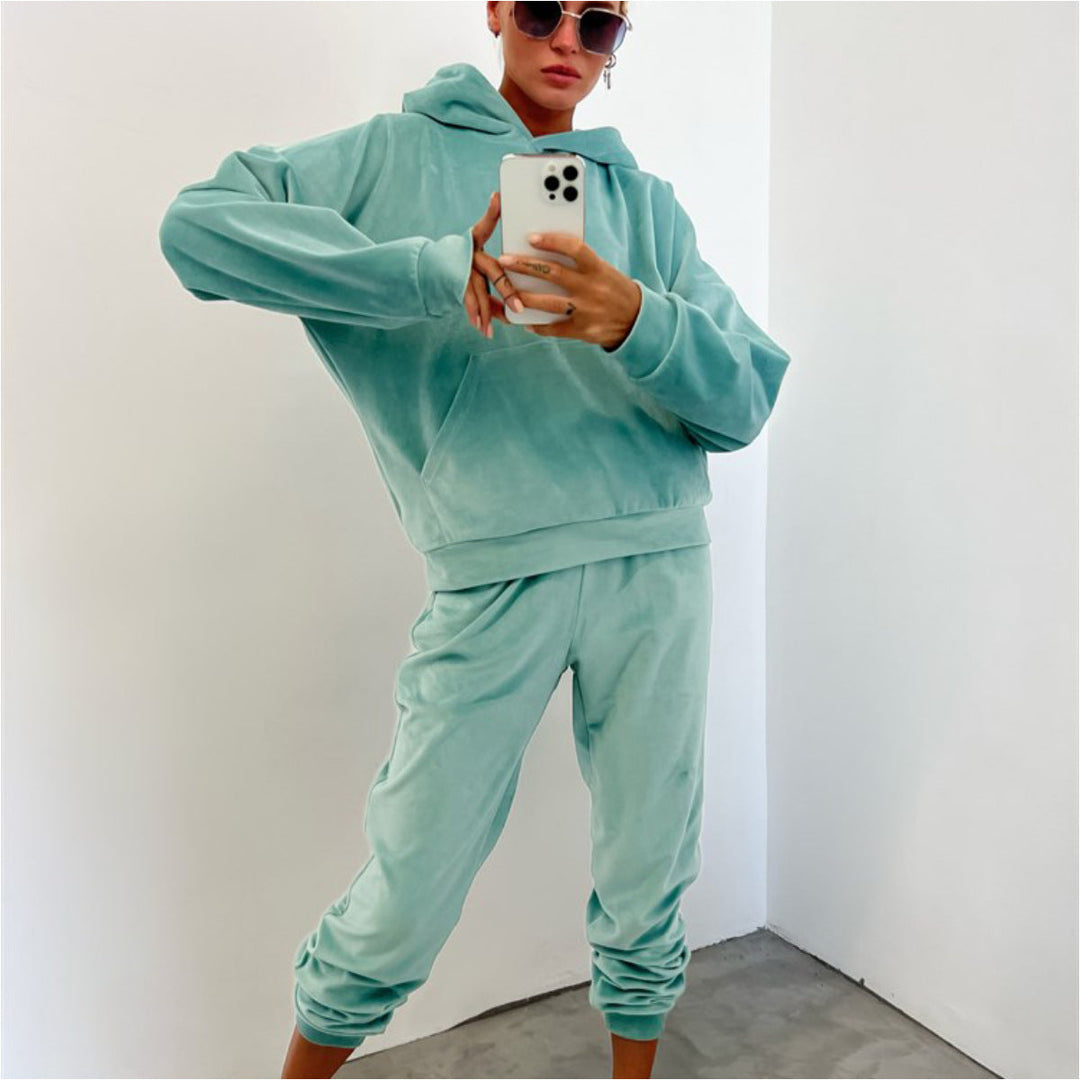 Damen bequemer Velours-Sweatanzug mit Kapuze und elastischem Bund Drune