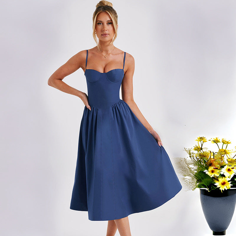Damen Midikleid mit tailliertem Oberteil und fließendem Rock Drune
