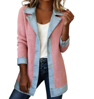 Damen Lange Strickjacke mit Denim-Kragen und Denim-Besatz Drune