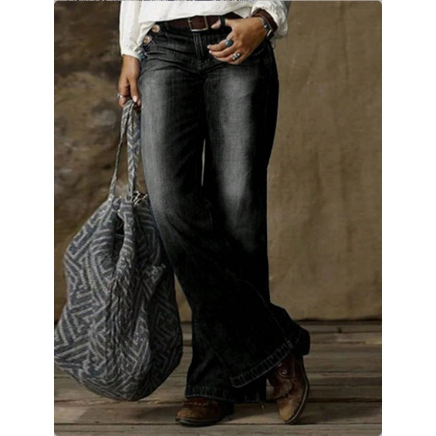 Damen Weite Vintage-Jeanshose mit hoher Taille und Used‑Waschung Drune