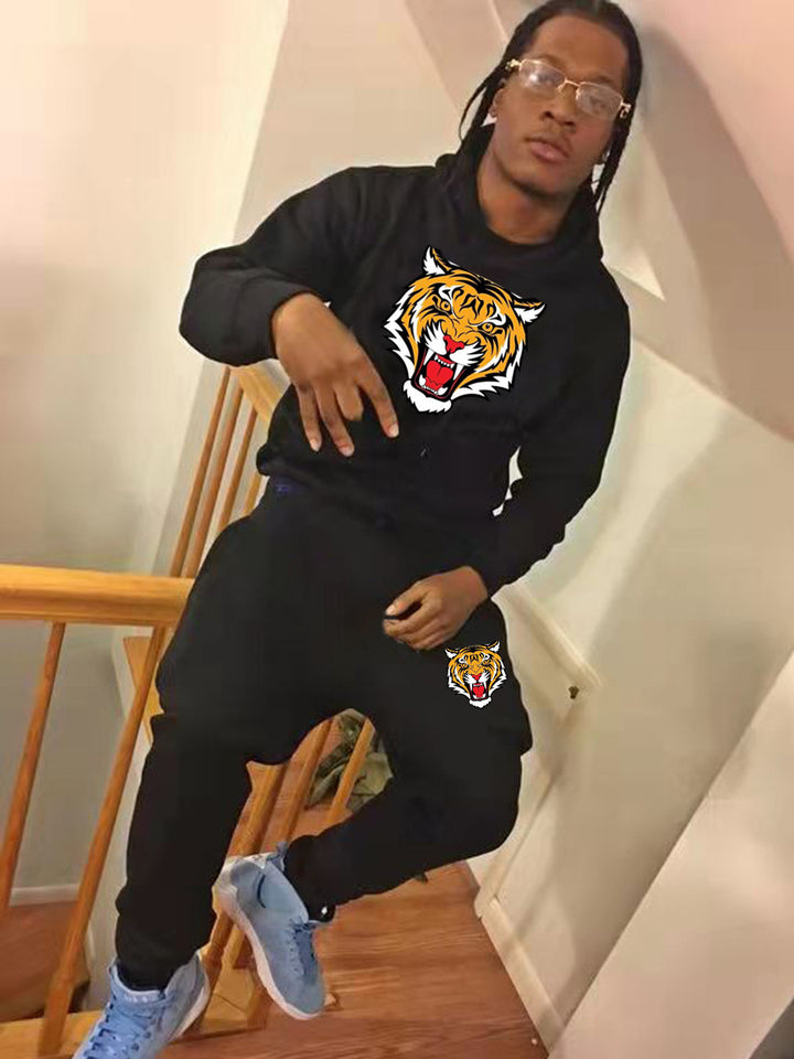 Herren Sportliches Hoodie und Jogginghose Set mit Tiger-Motiv Drune