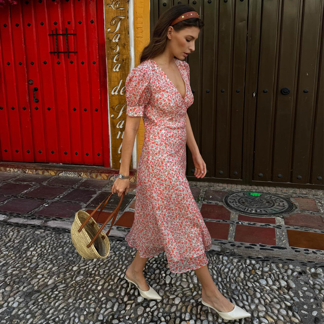 Damen Maxikleid mit süßem floralem Muster und puffärmeligem Schnitt Drune