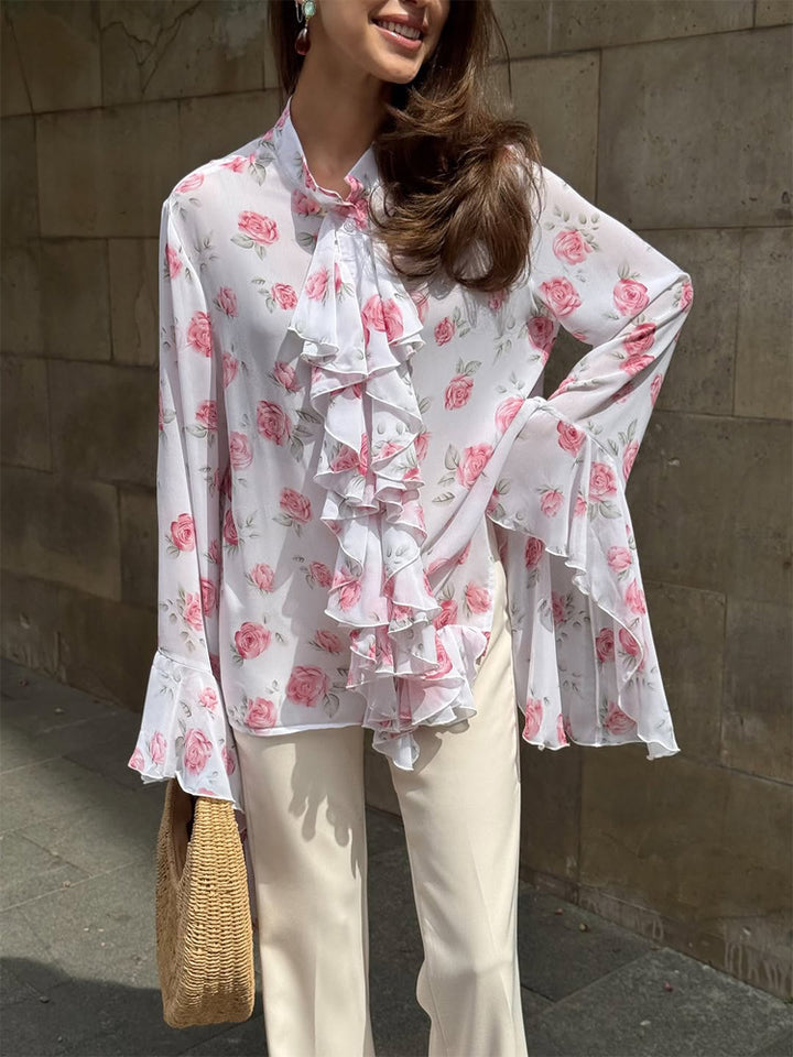 Damen Chiffon-Bluse mit Rosendruck, Volantstufen und Glockenärmeln Drune