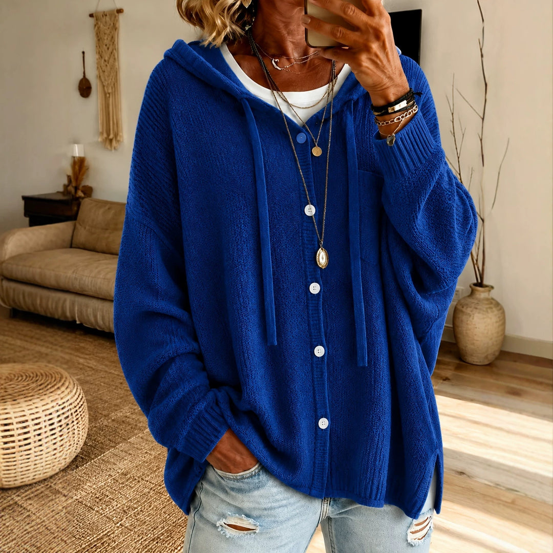 Damen Kapuzen-Cardigan aus strukturiertem Feinstrick mit Knopfleiste Drune