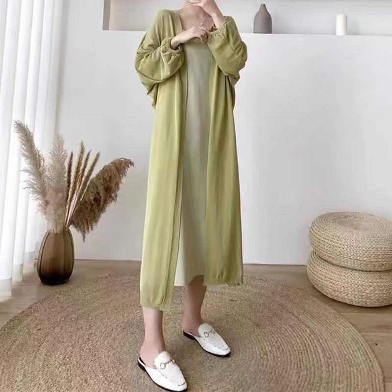 Damen Elegante lange Strickjacke mit ballonförmigen Ärmeln und offenen Front Drune