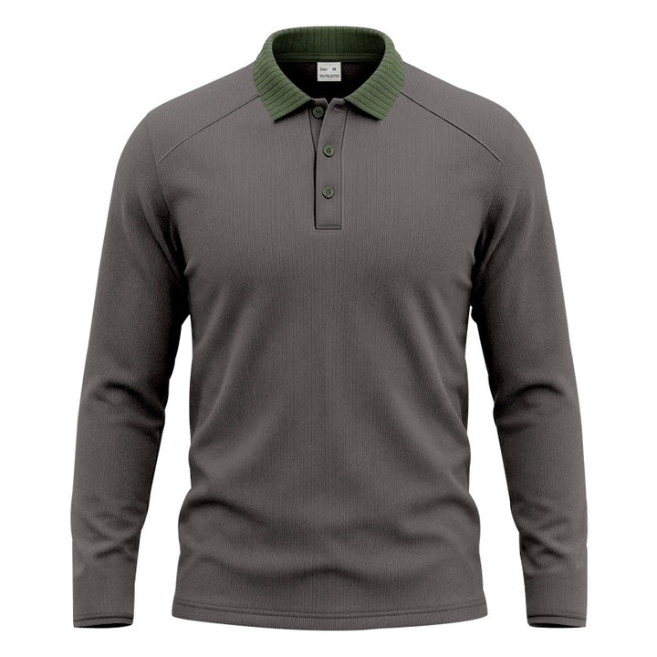 Herren Langarm-Poloshirt mit gerippter Kontrastkragen und feiner Waffelstruktur Drune