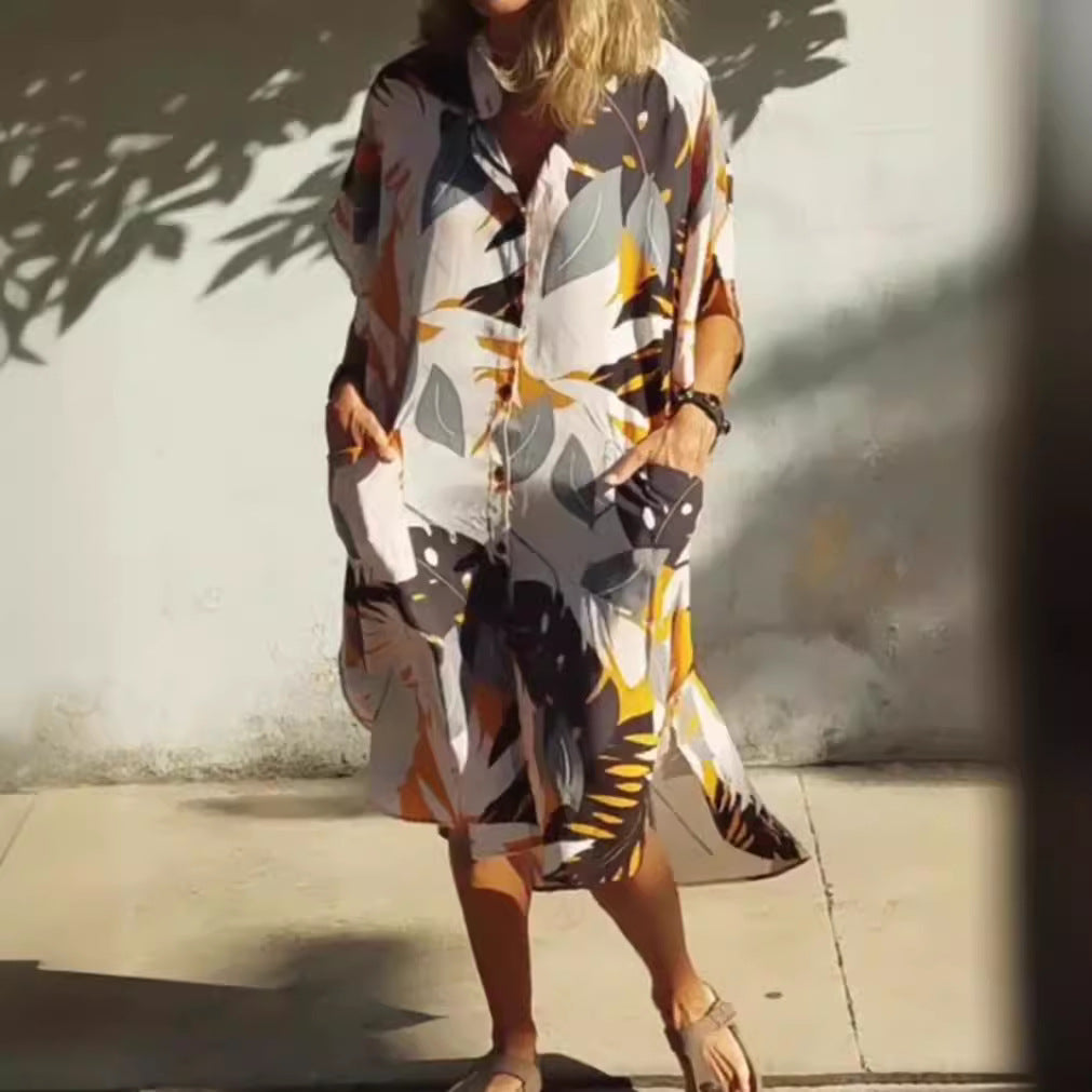 Damen nan luftig-leichtes Kaftan-Hemdkleid mit überschnittener Schulter, verdeckter Knopfleiste und seitlichen Eingrifftaschen Drune