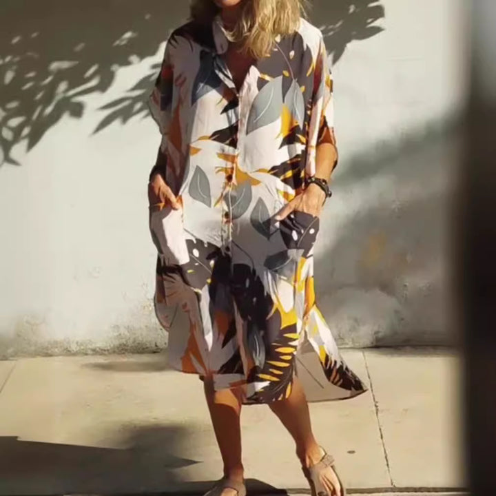 Damen nan luftig-leichtes Kaftan-Hemdkleid mit überschnittener Schulter, verdeckter Knopfleiste und seitlichen Eingrifftaschen Drune