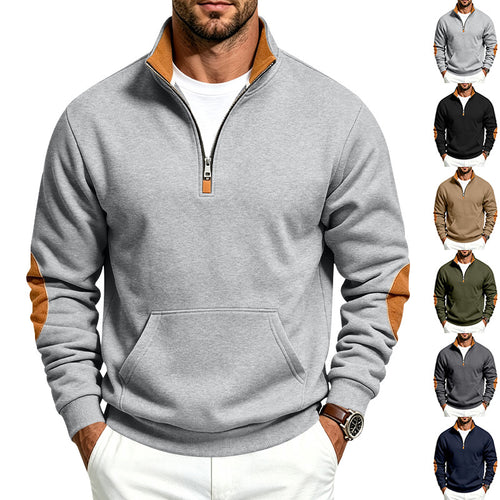 Herren Sweatshirt mit halbem Reißverschluss, Stehkragen und Ellenbogen-Patches Drune