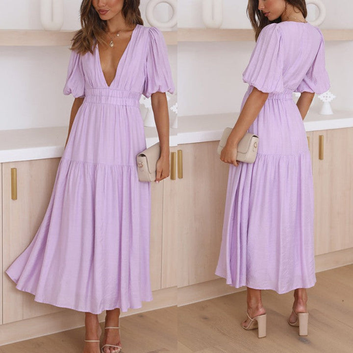 Damen Maxikleid mit weiten Puffärmeln und elastischem Taillenzug Drune