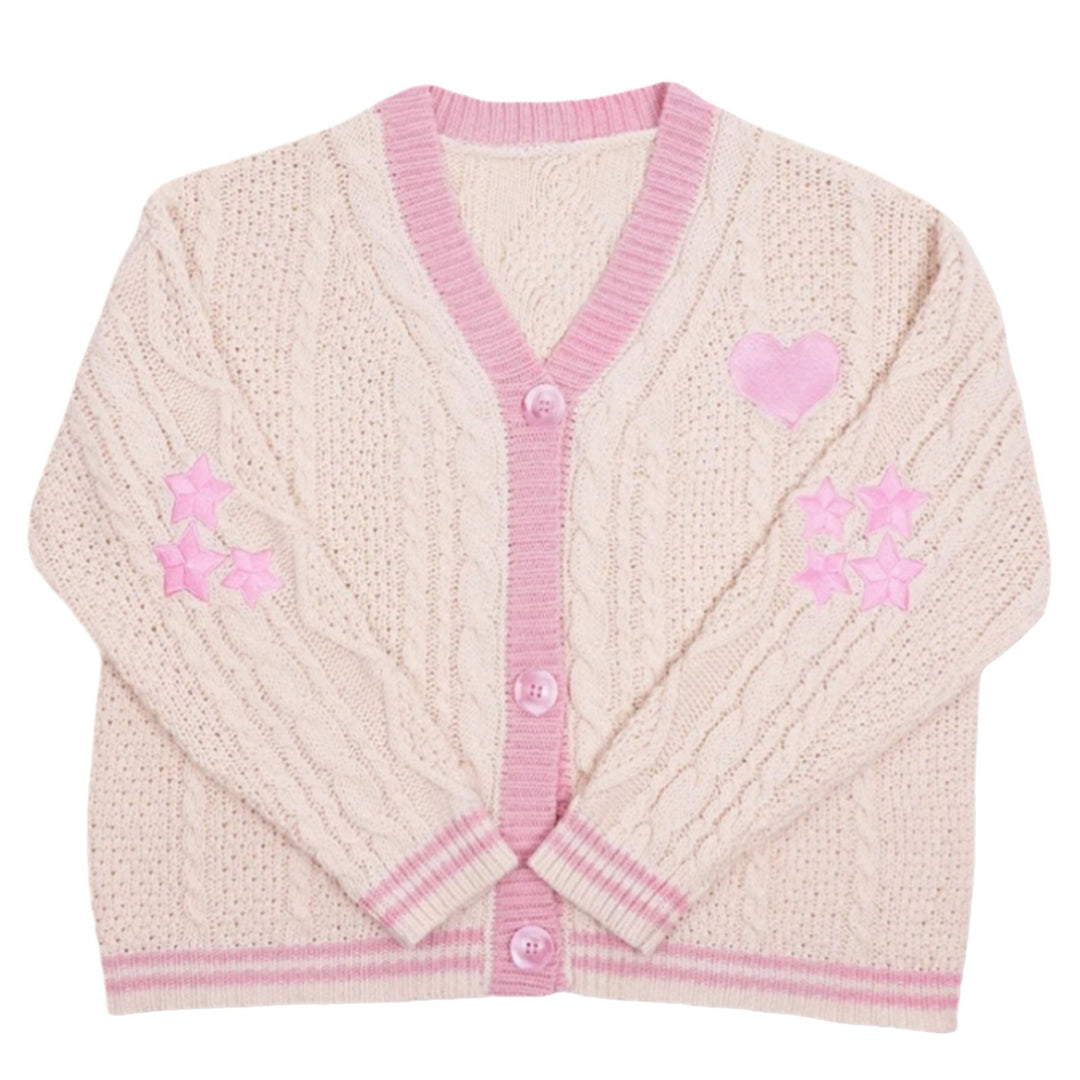 Damen nan gestrickte Cardigan mit Zopfmuster V-Ausschnitt und Herz- und Sternapplikationen Drune