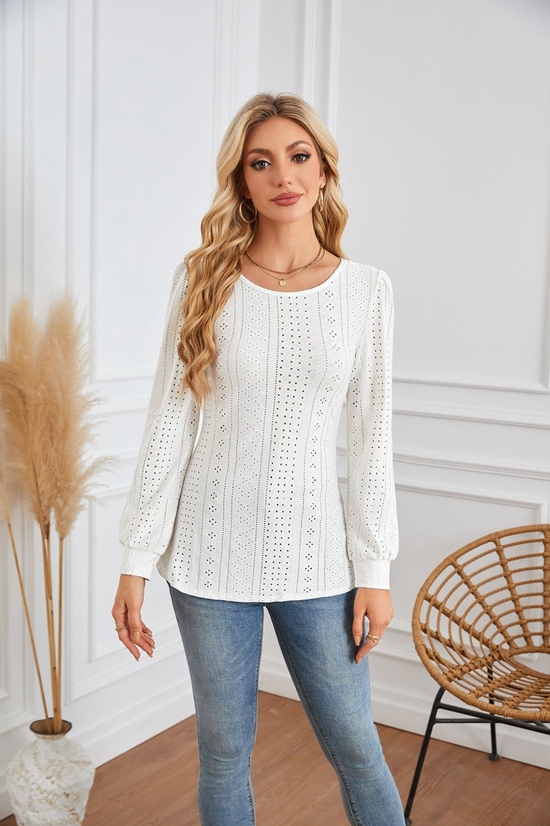 Damen Bluse mit luftigen Lochmustern und eleganten Puffärmeln Drune
