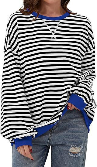 Damen Lässiges Oversize-Streifen-Sweatshirt mit Raglanärmeln und Kontrastbündchen Drune