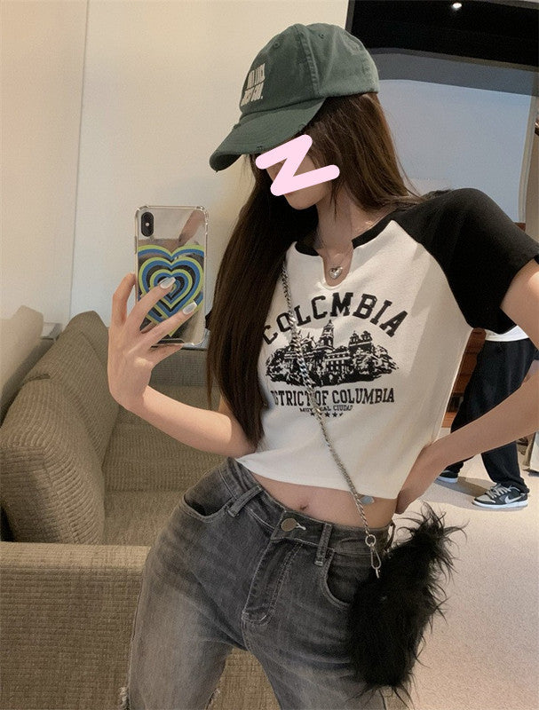 Damen Cropped-T-Shirt mit auffälligem Retro-Print und bequemem Schnitt