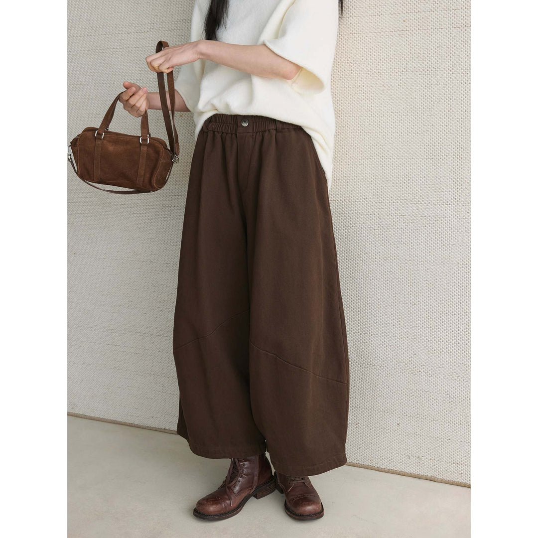 Damen Weite Culotte-Hose aus Baumwollmix mit hohem Elastbund und Bundknopf Drune