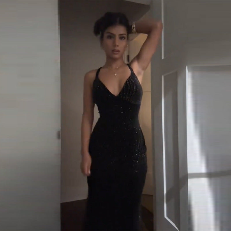 Damen glamouröses Abendkleid mit glitzerndem Paillettenbesatz und tiefem V-Ausschnitt Drune